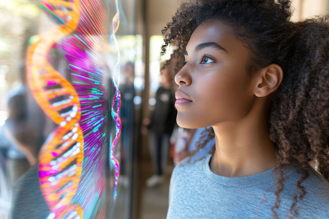 mujer afro mirando un cristal donde se refleja secuencia de adn con mucho colorido