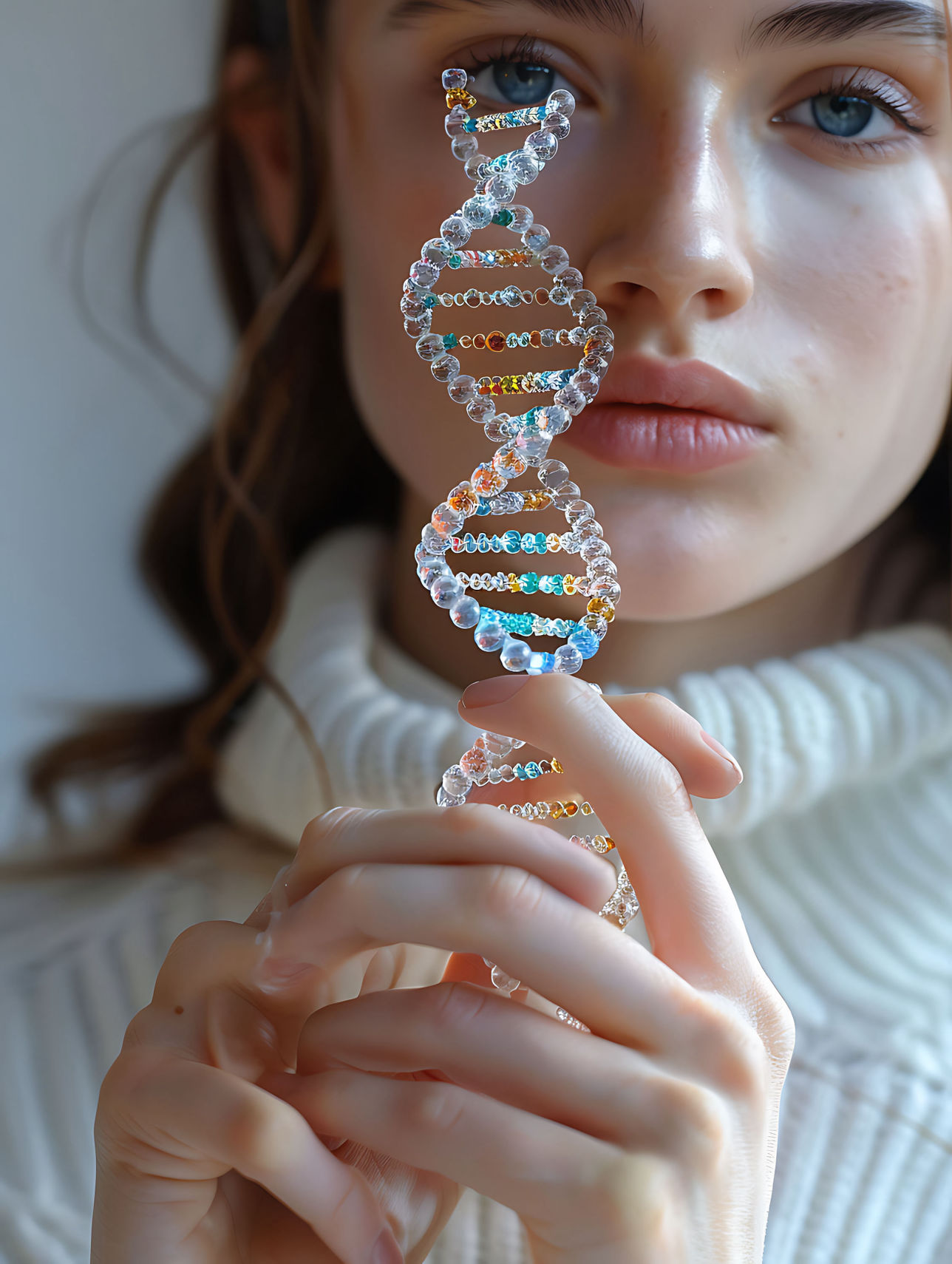 escultura de cristal que forma la estructura del adn sujetada por una mujer en sus manos que alfondo aparece su cara desenfocada