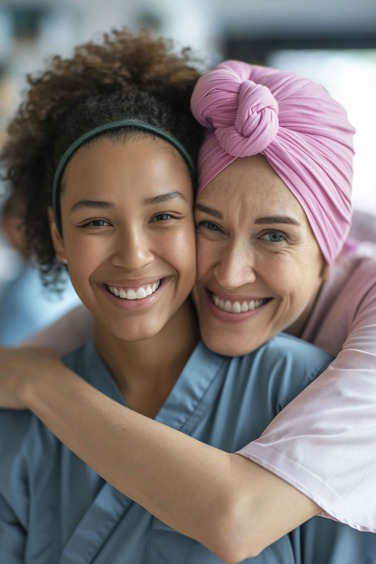 imagen de dos mujeres felices una mas mayor y otra mas joven de facciones morena la mayor abraza a la joven mirando a cámara con una amplia sonrisa